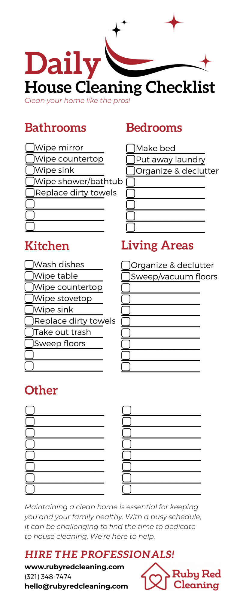 Daily House Cleaning Checklist Ruby Red Cleaning