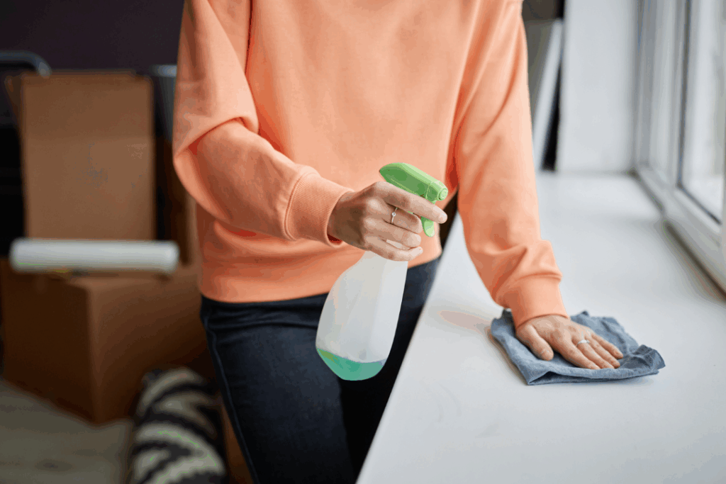 Hand spraying cleaner and wiping a countertop during deep cleaning for a polished, streak-free finish.