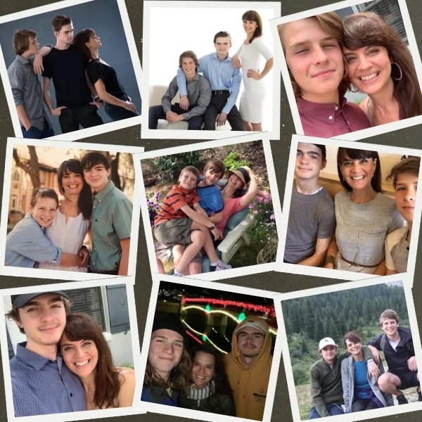 Jenny Killingsworth, owner of Ruby Red Cleaning, with her two sons over the years since founding the company in 2005